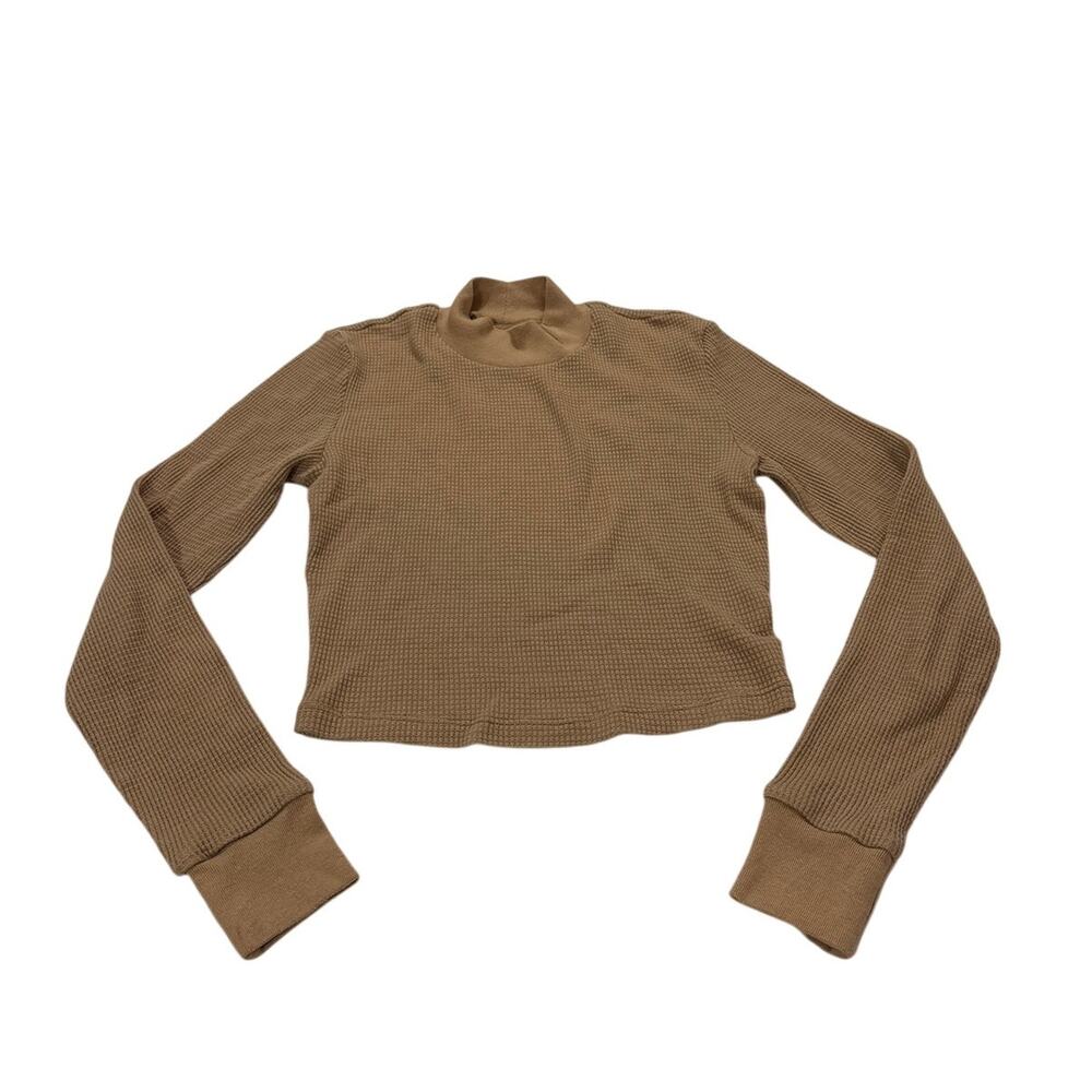 Aritzia TNA Womens Small Waffle Knit Mock Neck Cropped Long Sleeve Top Casual